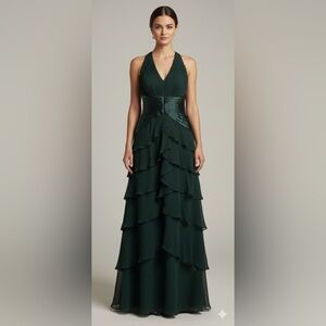 Tadashi Shoji long  dark green  halter Dress
